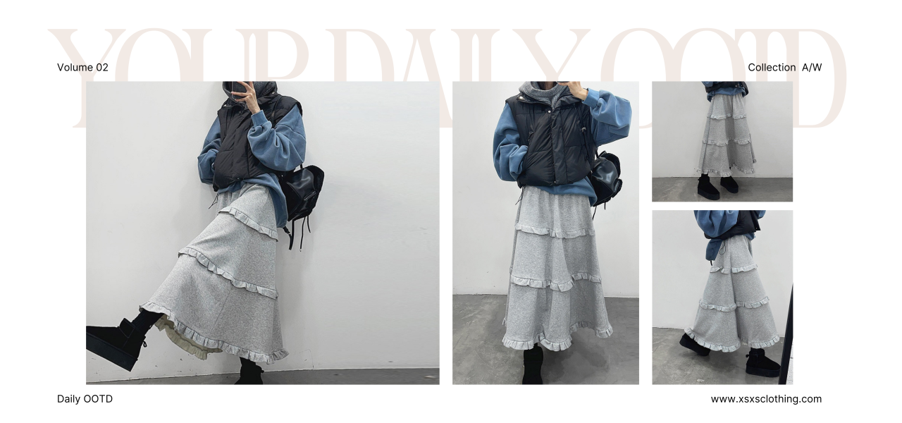 韓系百搭荷葉邊 休閒A字蛋糕長裙