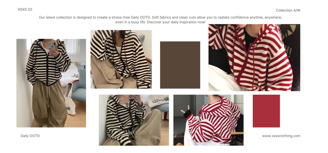 撞色條紋針織休閒長袖寬鬆連帽外套/連帽針織外套/條紋針織外套