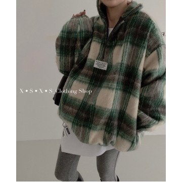 Chic 立領毛茸茸撞色格紋寬鬆百搭羊羔毛呢半拉鏈衛衣/格子羊羔毛上衣