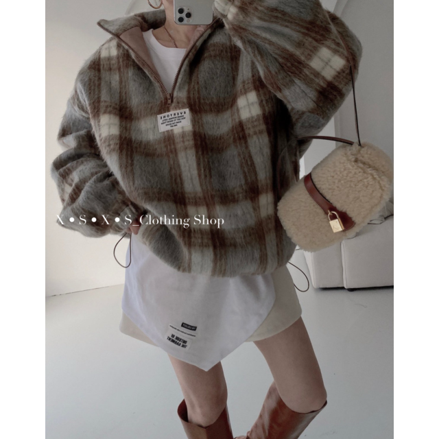 Chic 立領毛茸茸撞色格紋寬鬆百搭羊羔毛呢半拉鏈衛衣/格子羊羔毛上衣