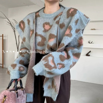 復古百搭圓領大豹紋提花長袖軟糯針織毛衣➕外搭針織披肩