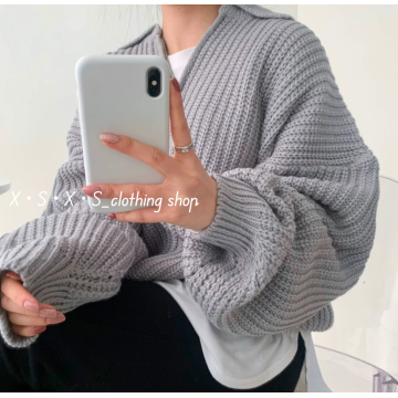 復古翻領半拉鏈粗針寬鬆燈籠袖保暖針織毛衣衫/休閒運動針織毛衣