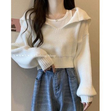 復古海軍領短款寬鬆慵懶針織衫/針織長袖上衣