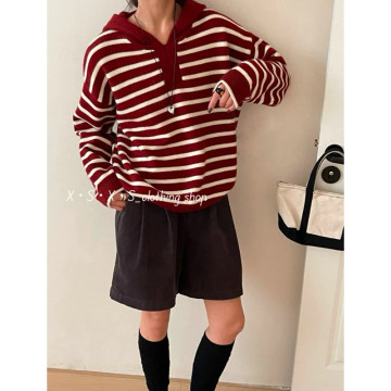 簡約拼色條紋連帽針織上衣