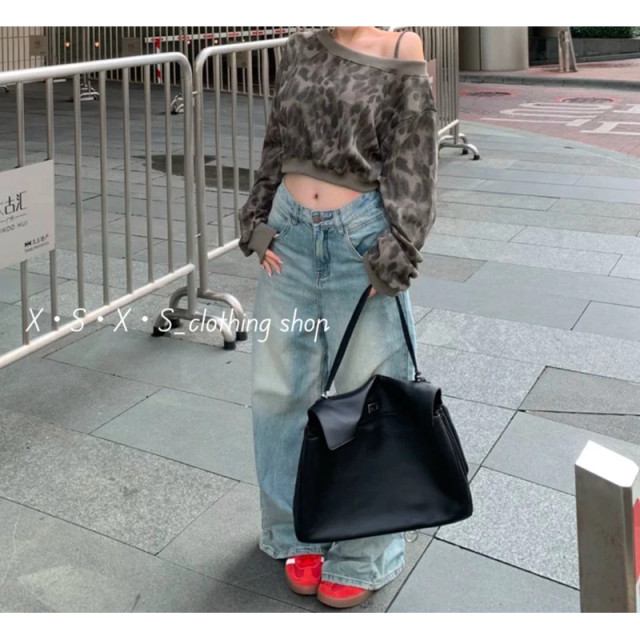 美式性感斜肩豹纹 長袖短版上衣