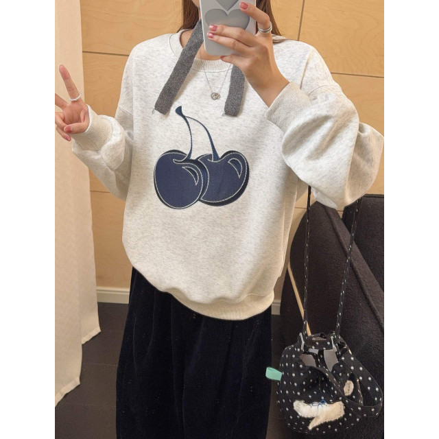 韓系貼布櫻桃刺繡圓領長袖百搭衛衣