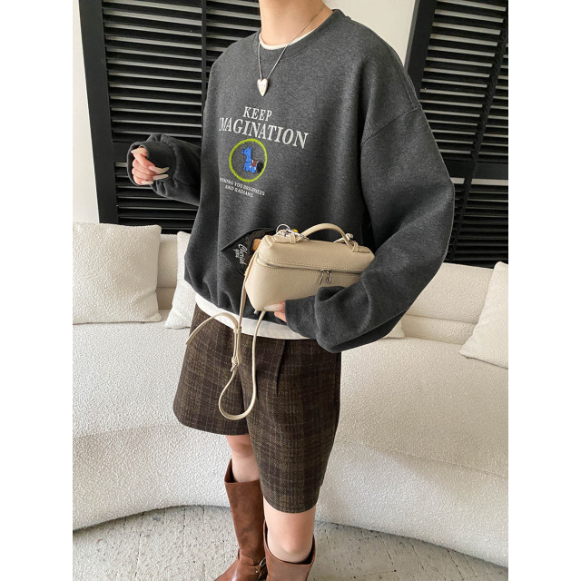 美式趣味小馬刺繡圓領寬鬆長袖衛衣