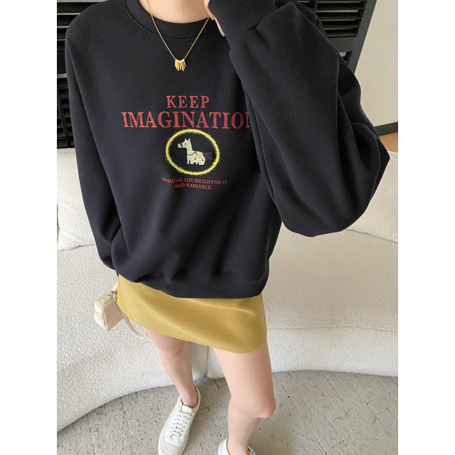 美式趣味小馬刺繡圓領寬鬆長袖衛衣