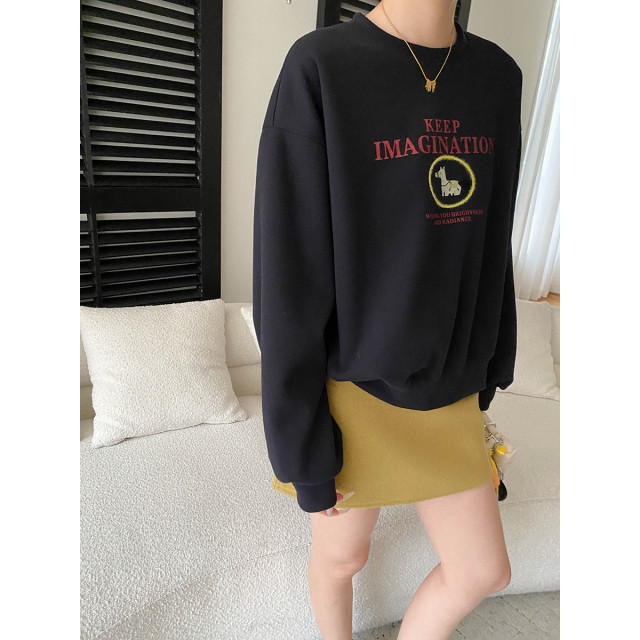 美式趣味小馬刺繡圓領寬鬆長袖衛衣