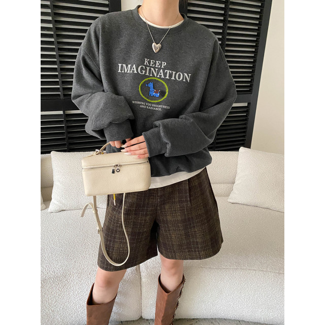 美式趣味小馬刺繡圓領寬鬆長袖衛衣