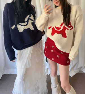 設計感撞色卡通馬年提花氛圍感針織長袖上衣