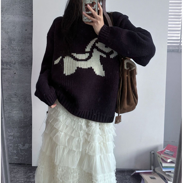 設計感撞色卡通馬年提花氛圍感針織長袖上衣