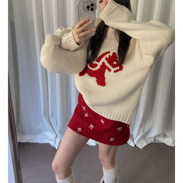 設計感撞色卡通馬年提花氛圍感針織長袖上衣