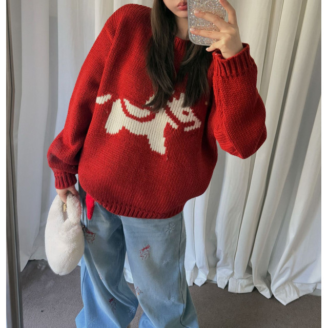 設計感撞色卡通馬年提花氛圍感針織長袖上衣