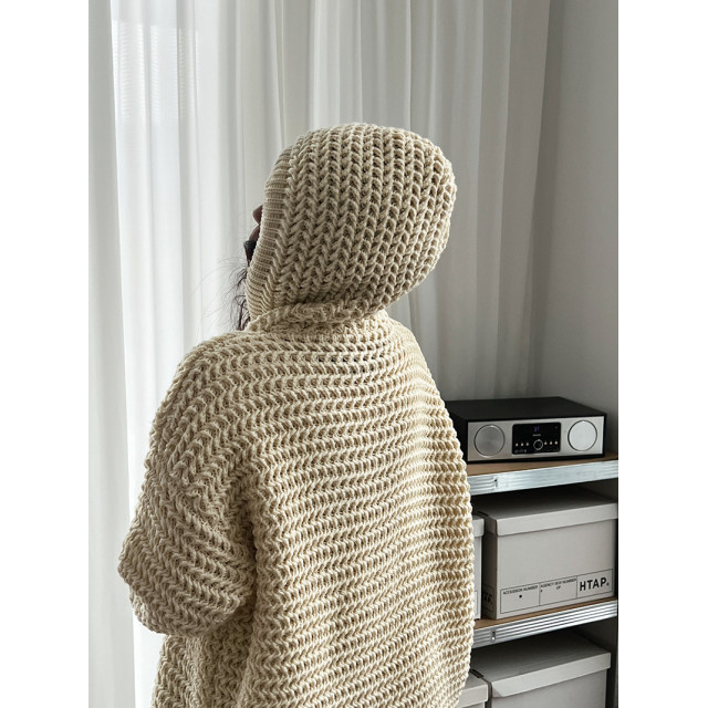 韓系慵懶高級感鏤空厚款粗針織衫連帽衫/連帽針織上衣