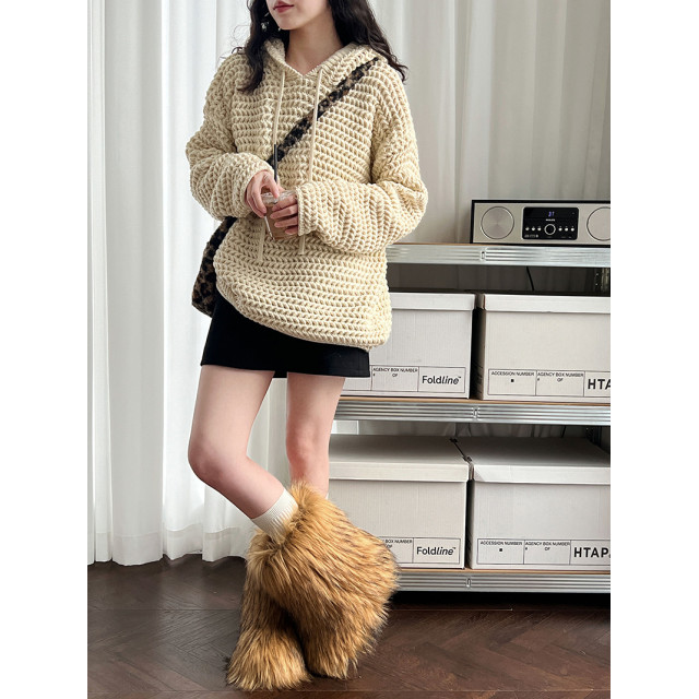 韓系慵懶高級感鏤空厚款粗針織衫連帽衫/連帽針織上衣