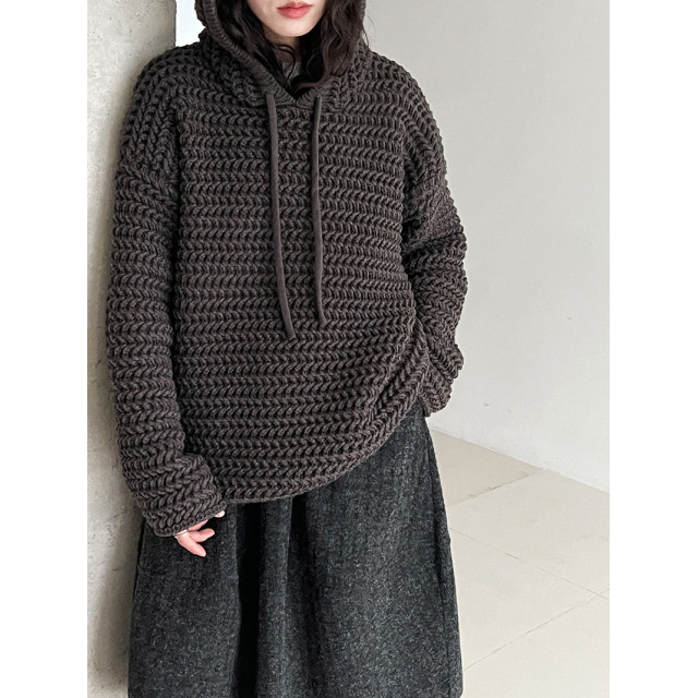 韓系慵懶高級感鏤空厚款粗針織衫連帽衫/連帽針織上衣