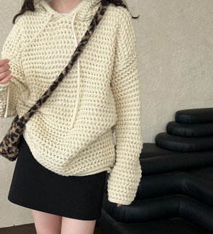 韓系慵懶高級感鏤空厚款粗針織衫連帽衫/連帽針織上衣