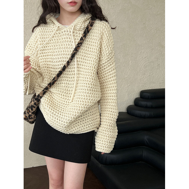 韓系慵懶高級感鏤空厚款粗針織衫連帽衫/連帽針織上衣