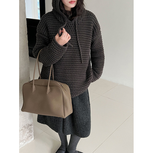 韓系慵懶高級感鏤空厚款粗針織衫連帽衫/連帽針織上衣
