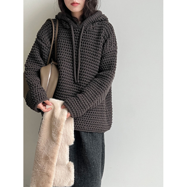 韓系慵懶高級感鏤空厚款粗針織衫連帽衫/連帽針織上衣