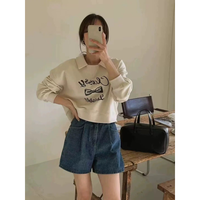 韓系簡約蝴蝶結印花百搭造型領衛衣