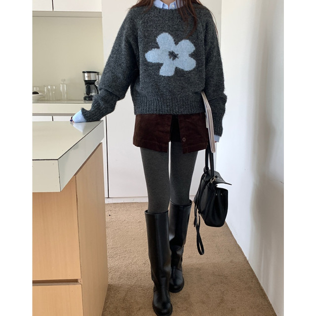 韓系復古花朵勾花圓領寬鬆長袖顯瘦慵懶毛衣