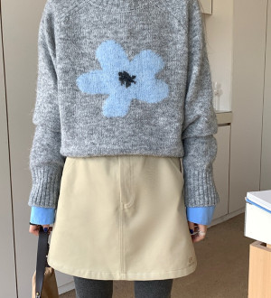 韓系復古花朵勾花圓領寬鬆長袖顯瘦慵懶毛衣