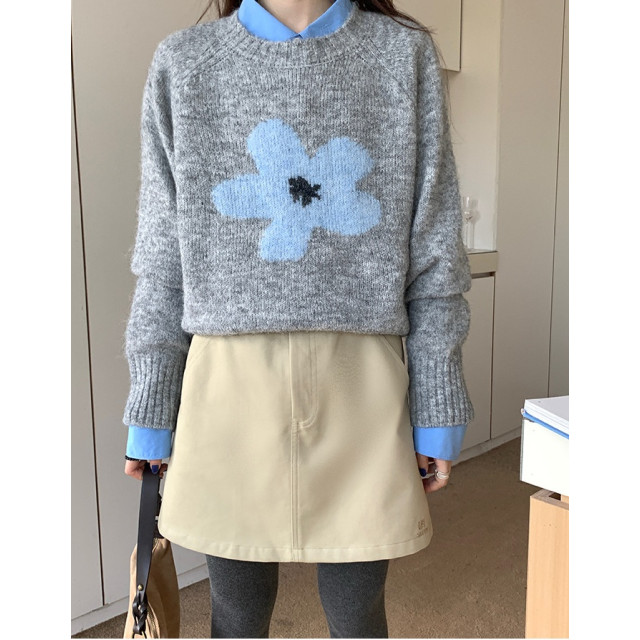 韓系復古花朵勾花圓領寬鬆長袖顯瘦慵懶毛衣