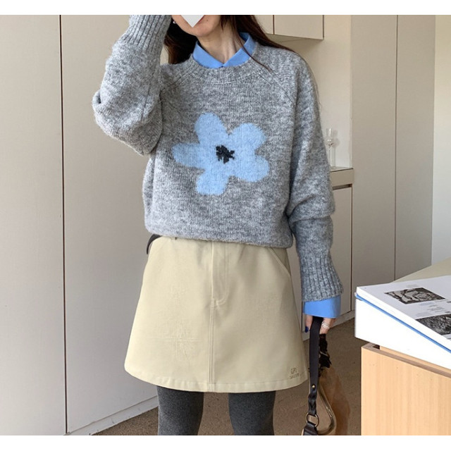 韓系復古花朵勾花圓領寬鬆長袖顯瘦慵懶毛衣