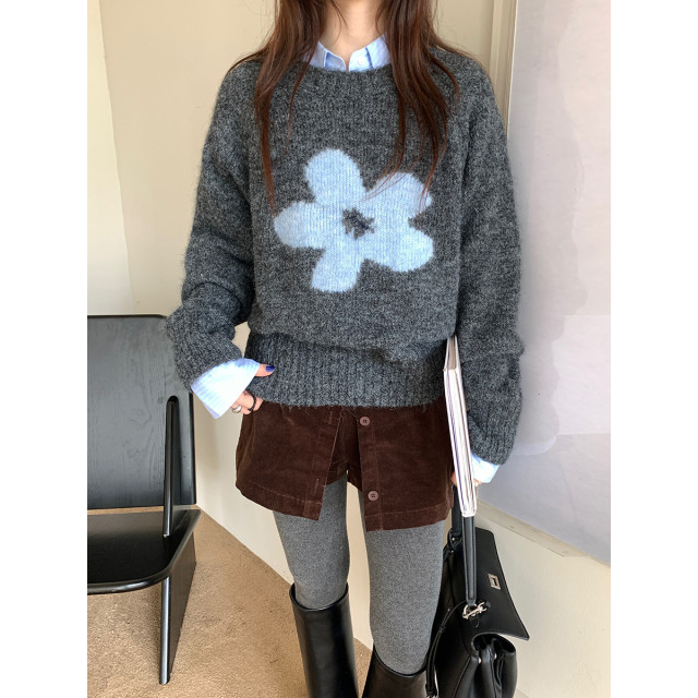 韓系復古花朵勾花圓領寬鬆長袖顯瘦慵懶毛衣