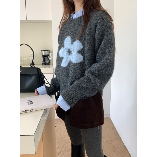 韓系復古花朵勾花圓領寬鬆長袖顯瘦慵懶毛衣