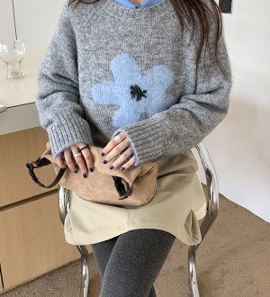 韓系復古花朵勾花圓領寬鬆長袖顯瘦慵懶毛衣