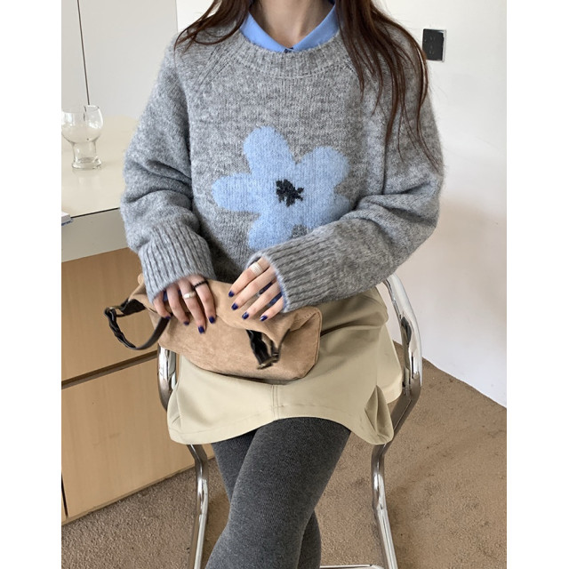 韓系復古花朵勾花圓領寬鬆長袖顯瘦慵懶毛衣