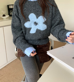 韓系復古花朵勾花圓領寬鬆長袖顯瘦慵懶毛衣