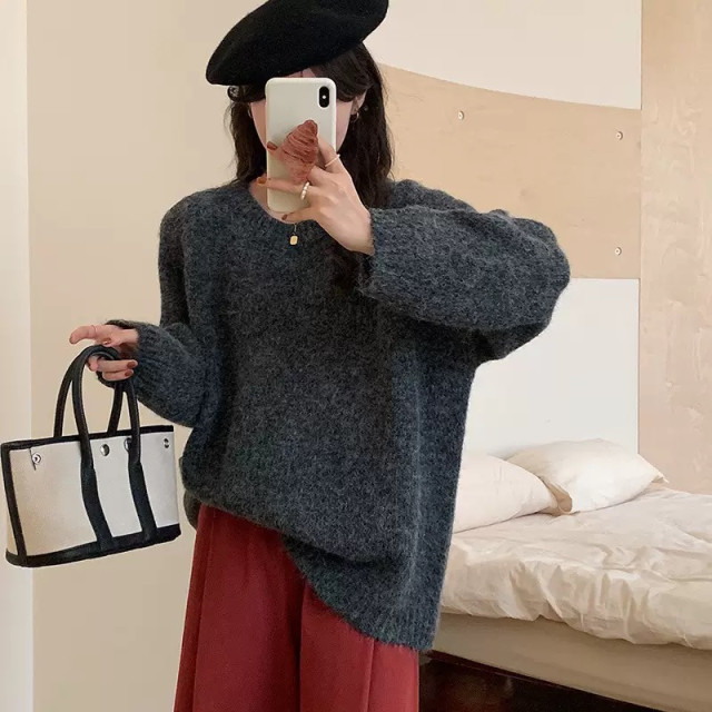 寬鬆套頭毛衣圓領慵懶風長袖軟糯花色針織衫