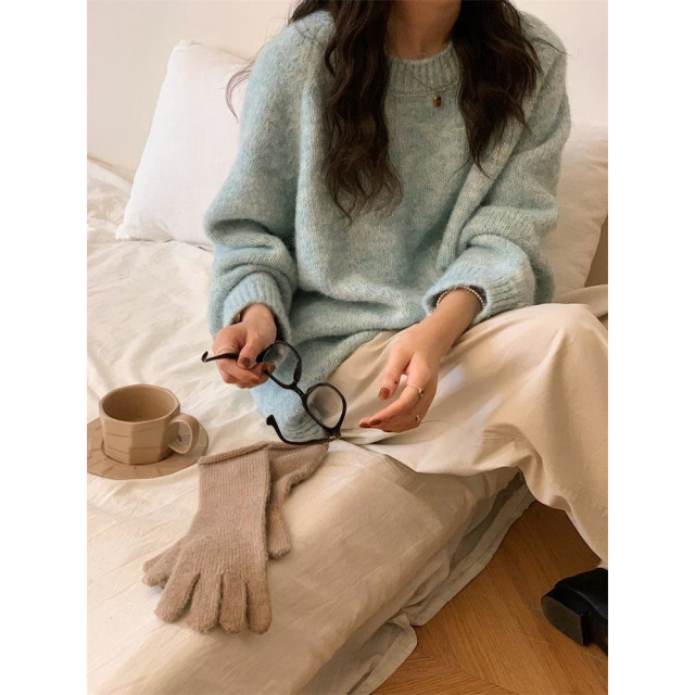 寬鬆套頭毛衣圓領慵懶風長袖軟糯花色針織衫