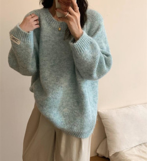 寬鬆套頭毛衣圓領慵懶風長袖軟糯花色針織衫