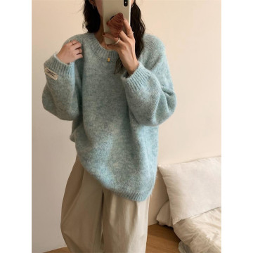 寬鬆套頭毛衣圓領慵懶風長袖軟糯花色針織衫