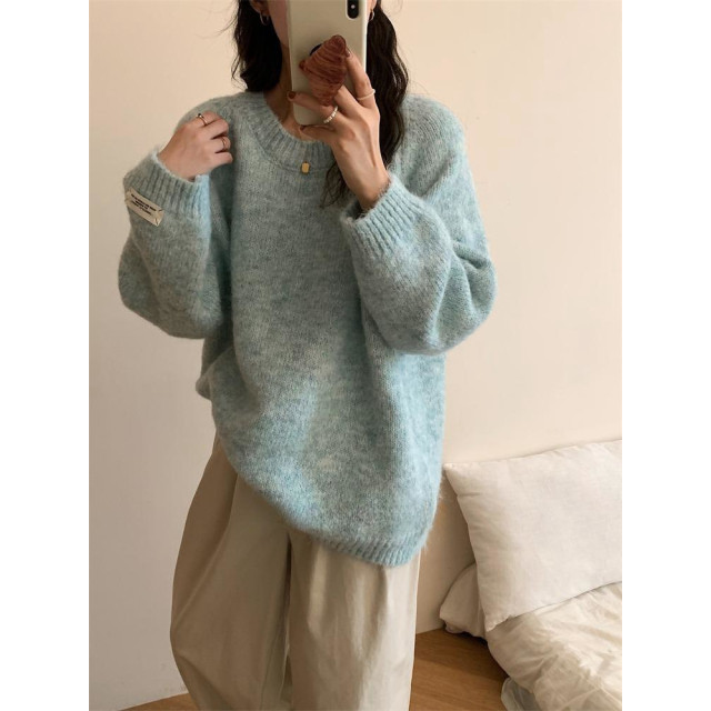 寬鬆套頭毛衣圓領慵懶風長袖軟糯花色針織衫