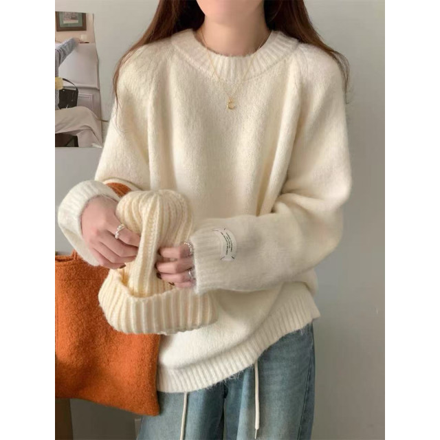 寬鬆套頭毛衣圓領慵懶風長袖軟糯花色針織衫