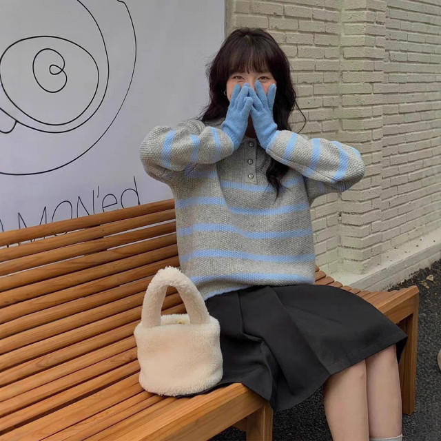 韓系條紋！寬鬆顯瘦百搭娃娃領針織毛衣上衣