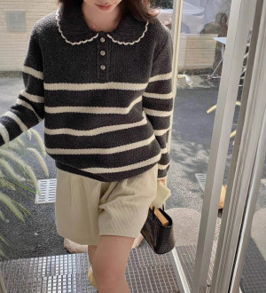 韓系條紋！寬鬆顯瘦百搭娃娃領針織毛衣上衣
