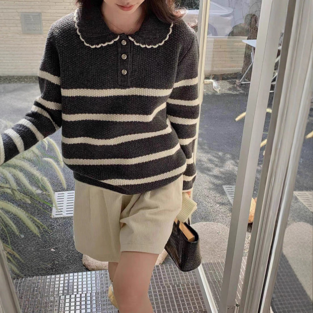 韓系條紋！寬鬆顯瘦百搭娃娃領針織毛衣上衣