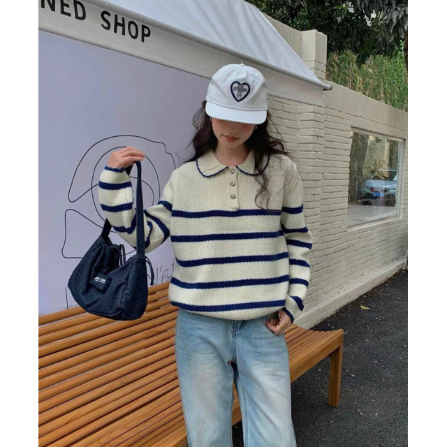 韓系條紋！寬鬆顯瘦百搭娃娃領針織毛衣上衣