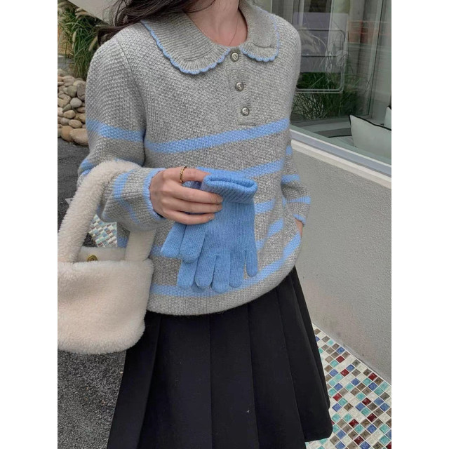韓系條紋！寬鬆顯瘦百搭娃娃領針織毛衣上衣