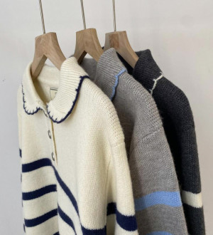 韓系條紋！寬鬆顯瘦百搭娃娃領針織毛衣上衣