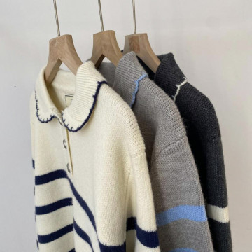 韓系條紋！寬鬆顯瘦百搭娃娃領針織毛衣上衣