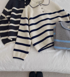 韓系條紋！寬鬆顯瘦百搭娃娃領針織毛衣上衣