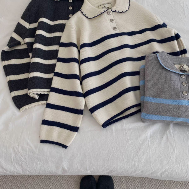 韓系條紋！寬鬆顯瘦百搭娃娃領針織毛衣上衣